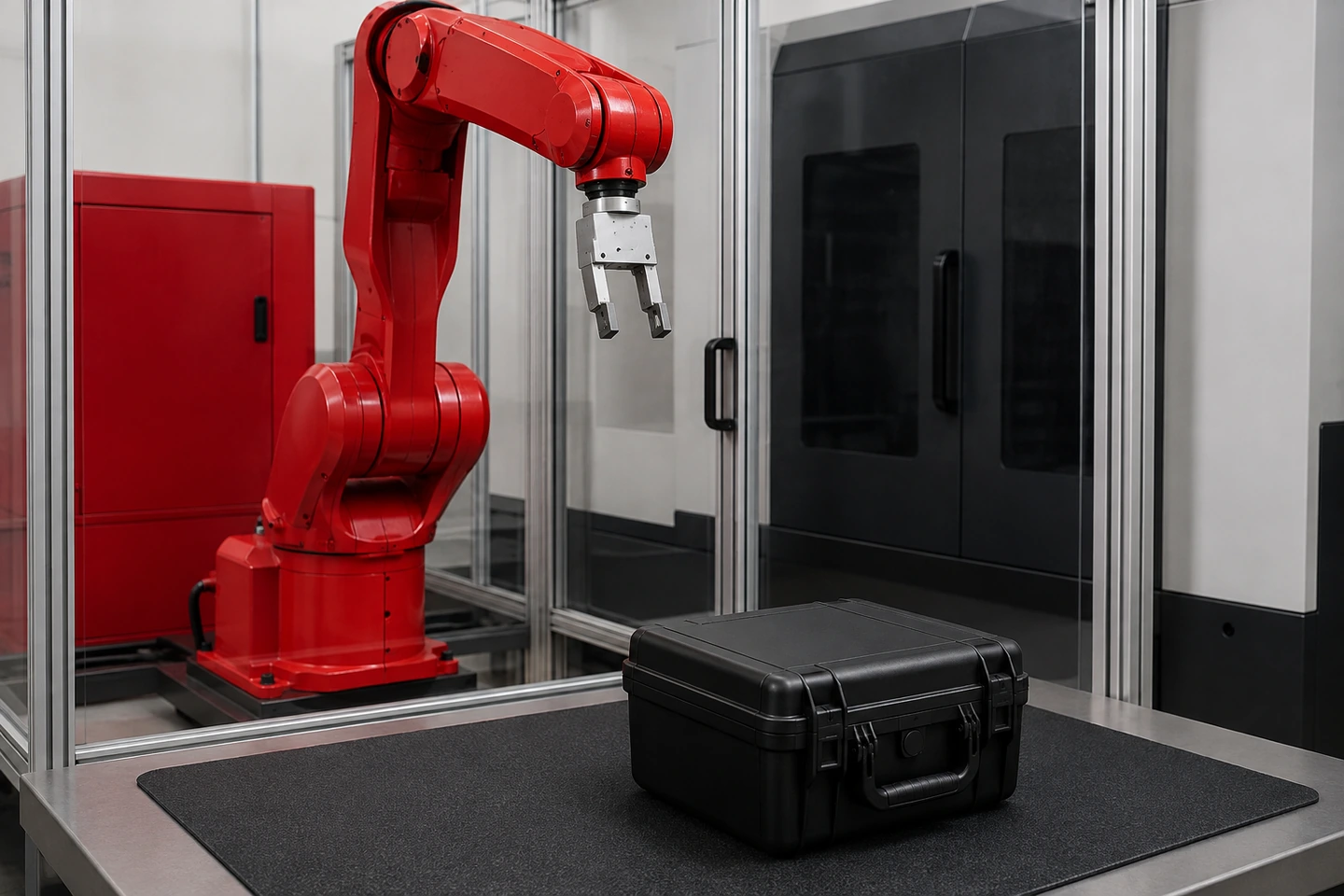 Minh họa bối cảnh ứng dụng không có người về tủ điều khiển robot và CNC đang đóng, màn hình không có dữ liệu đọc được và phương tiện lưu trữ chung đặt chắc trên bàn