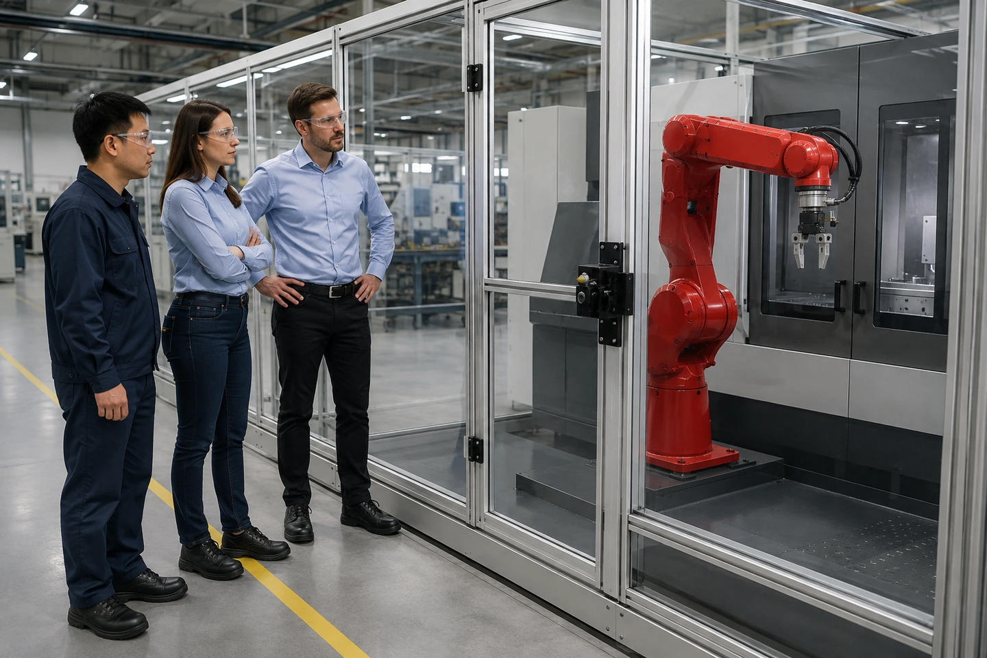 Application scenario illustration of fully generated, non-specific adults discussing a stationary robot wrist, gripper, CNC door, and a contained coolant area from outside safeguarding; nobody touches fluid or enters the machine