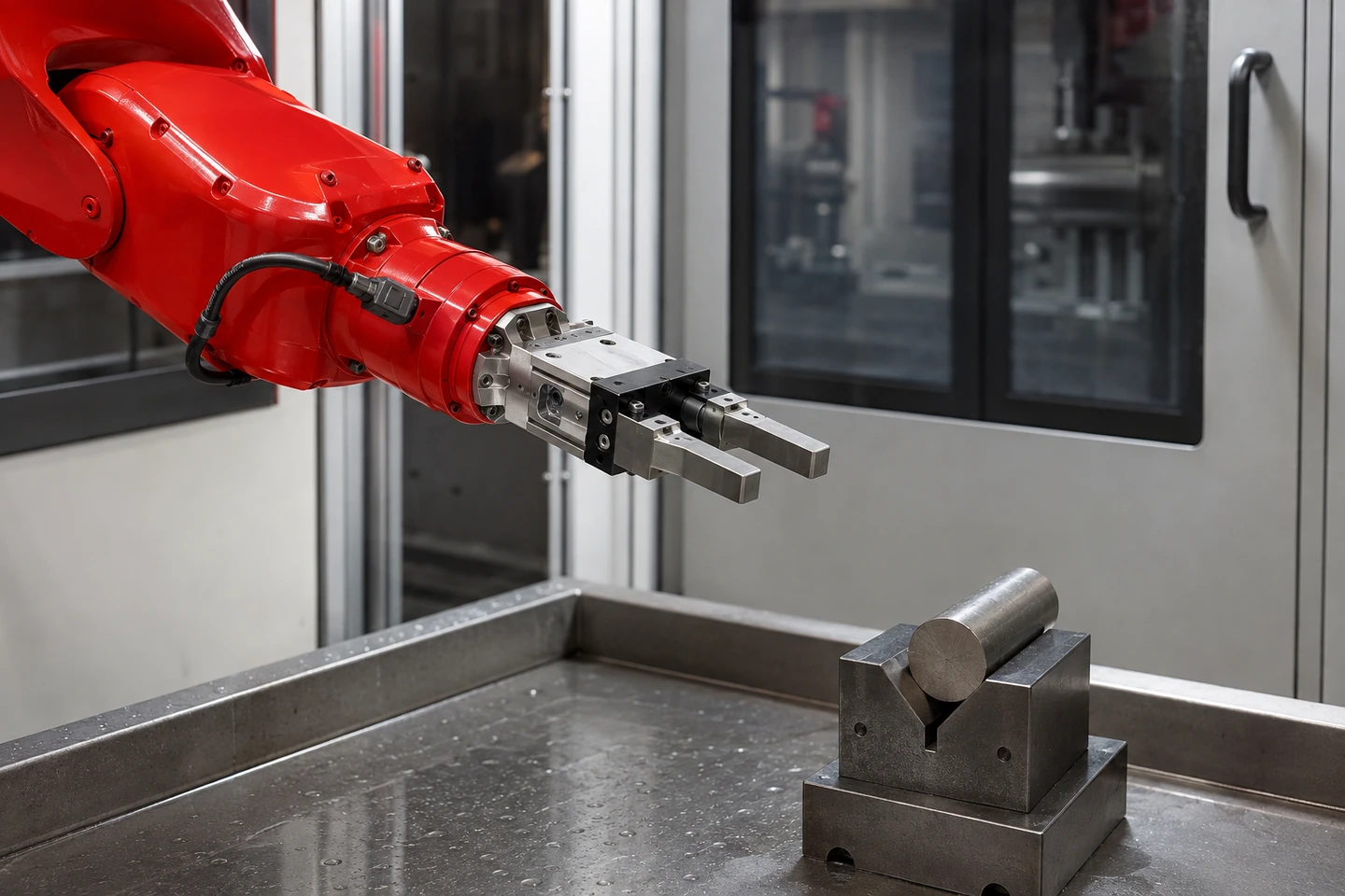 Application scenario illustration of supported gripper fingers and pads, short orderly cable and connector routing, and plausible coolant droplets or residue in a CNC environment; no people, cutaway, material label, test result, or compatibility verdict