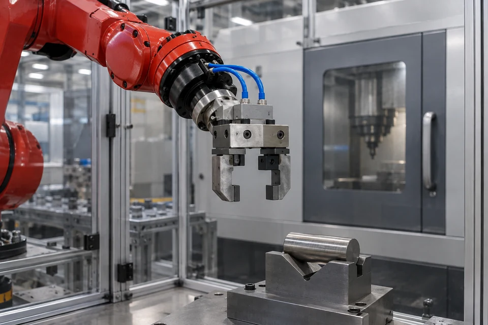 Application scenario illustration with no people: a supported stationary pneumatic gripper and wrist detail with plausibly connected tubing and visible physical connection context