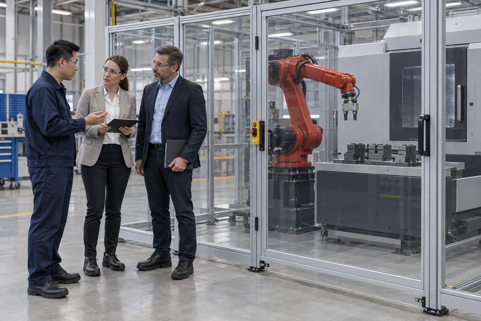 Application scenario illustration of generated adults discussing a stationary pneumatic gripper beside a guarded six-axis CNC tending cell