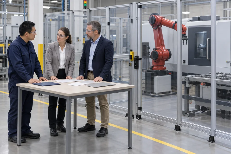 Trao đổi tài liệu áp dụng cho robot cạnh cell CNC — Minh họa bối cảnh ứng dụng
