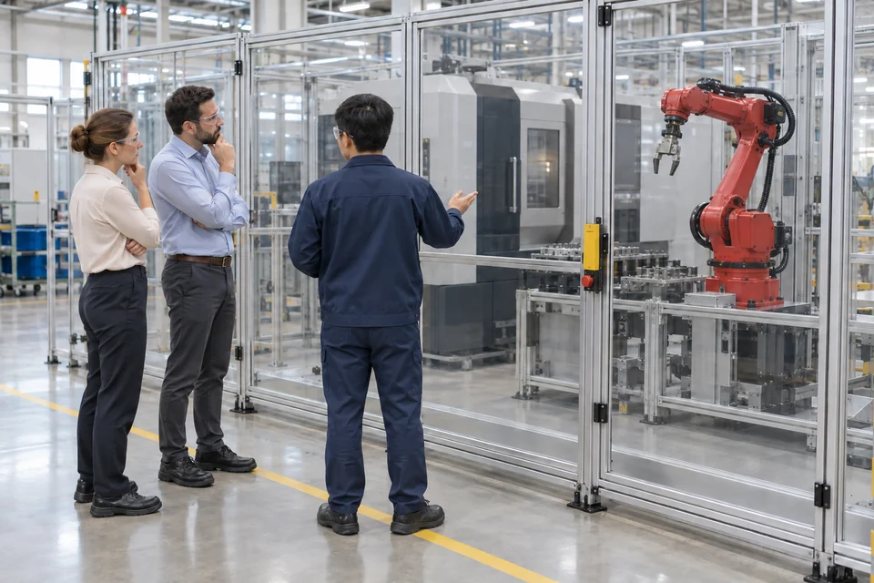 Trao đổi về hồ sơ thiết bị tại cell robot sáu trục và CNC — Minh họa bối cảnh ứng dụng