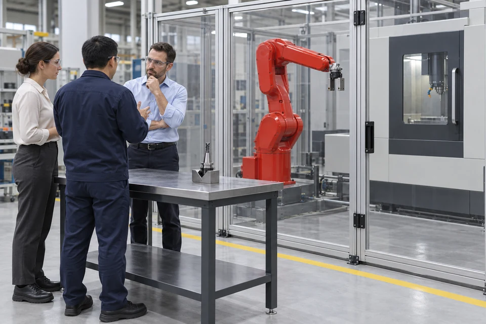 Application scenario illustration of generated adults discussing a supported cutting-tool holder outside a stopped CNC cell