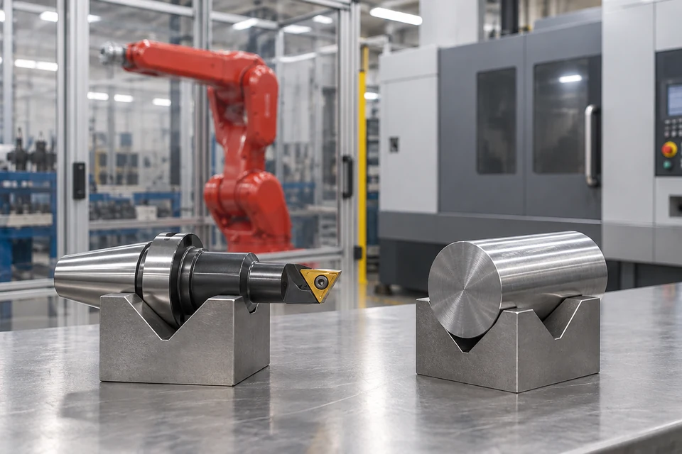 Application scenario illustration of a stationary CNC cutting tool in its holder beside a separately supported workpiece