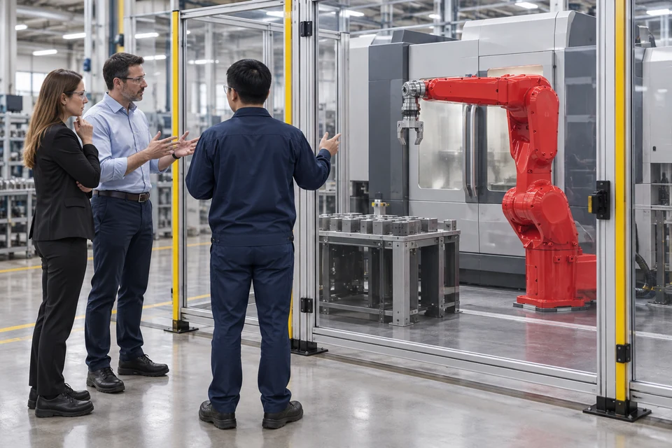 Application scenario illustration of generated adults discussing a stationary six-axis robot and one enclosed CNC machine
