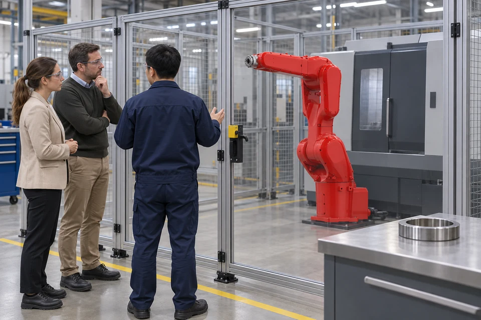 Application scenario illustration of generated adults discussing a stationary robot and a supported round part beside one CNC