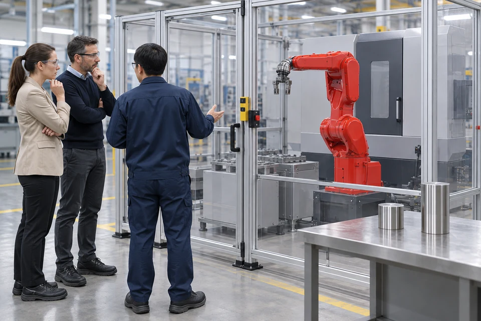 Những người trưởng thành trao đổi về vị trí lấy phôi cạnh robot đứng yên trong nhà xưởng.
