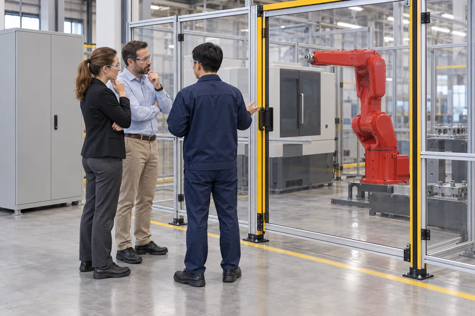 应用场景示意：完全生成人物在安全区域讨论单台 CNC、静止机器人与通用闭合柜体