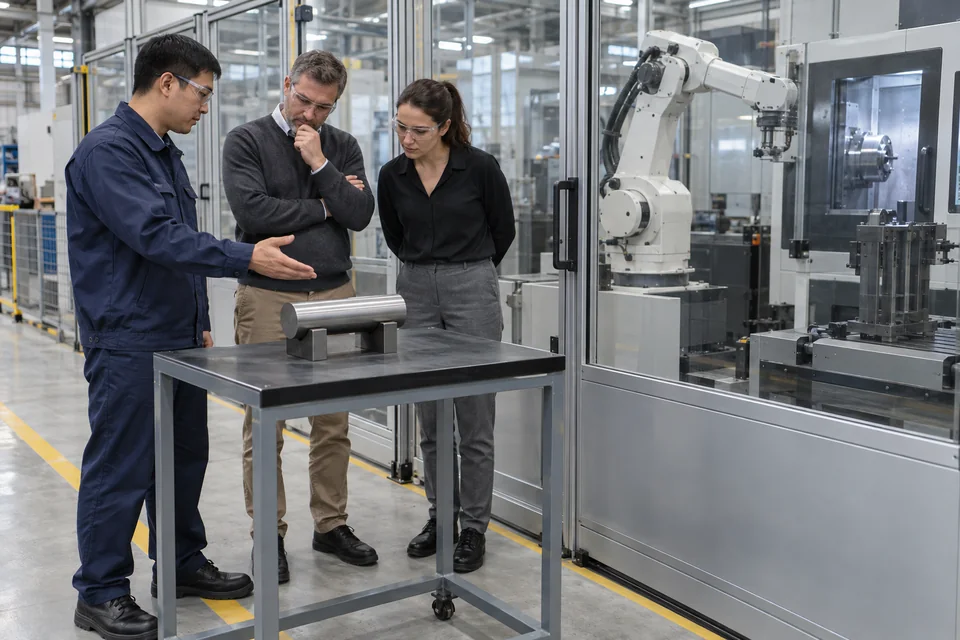 Application scenario illustration of generated adults discussing a securely supported workpiece outside a stationary CNC cell