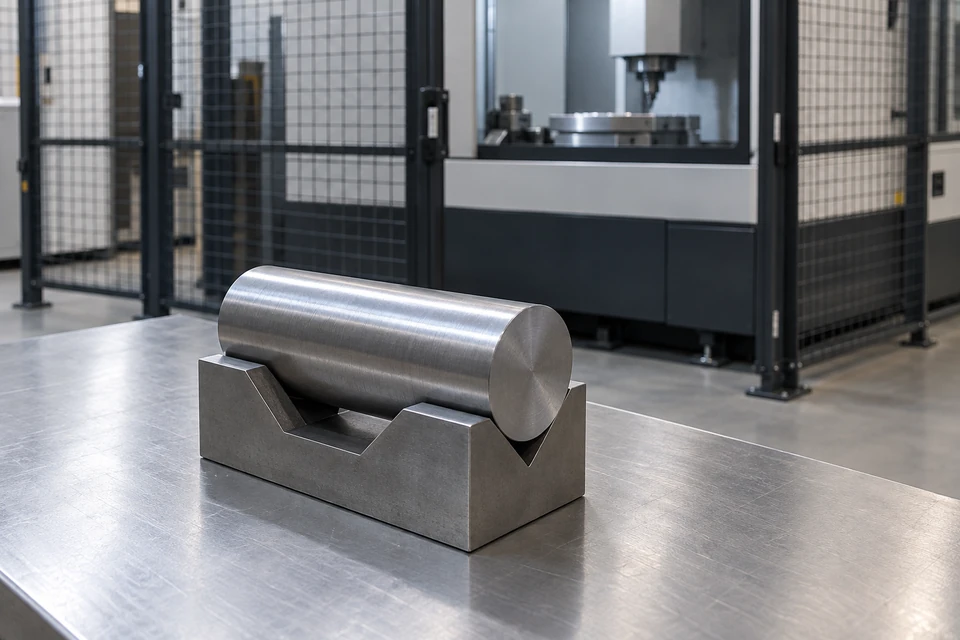 Application scenario illustration of a metal workpiece resting on a stable support near stationary equipment