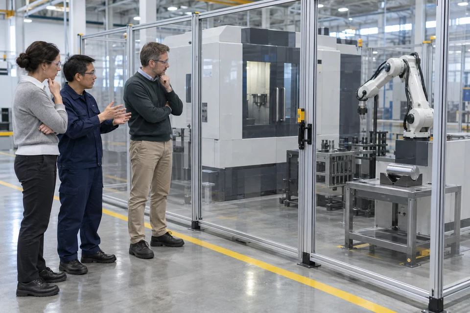 Application scenario illustration of generated adults discussing a stationary robot beside one enclosed CNC
