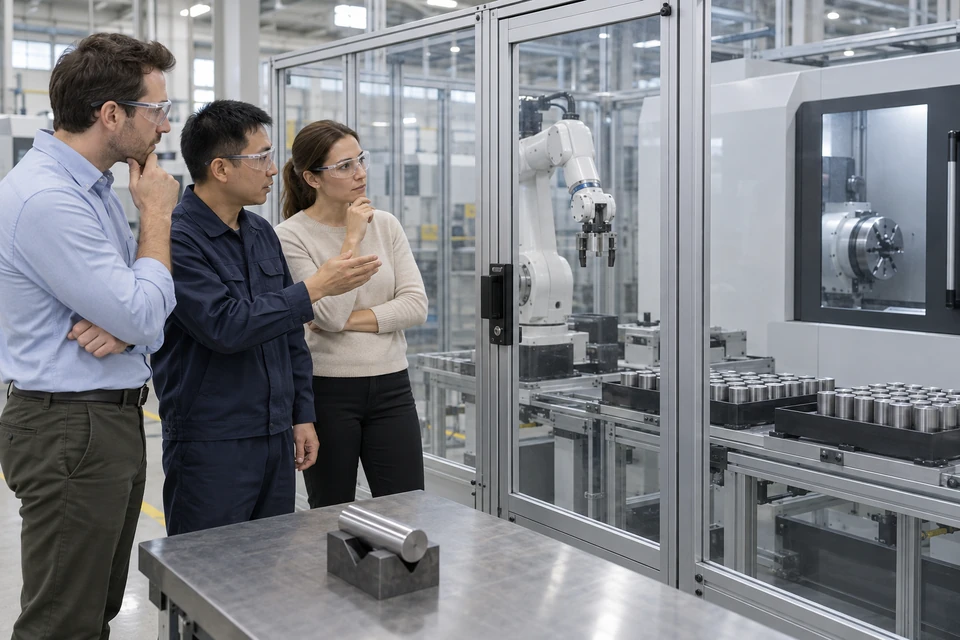 Người trưởng thành trao đổi cạnh cell CNC đang dừng và một phôi được đỡ vững trên bàn