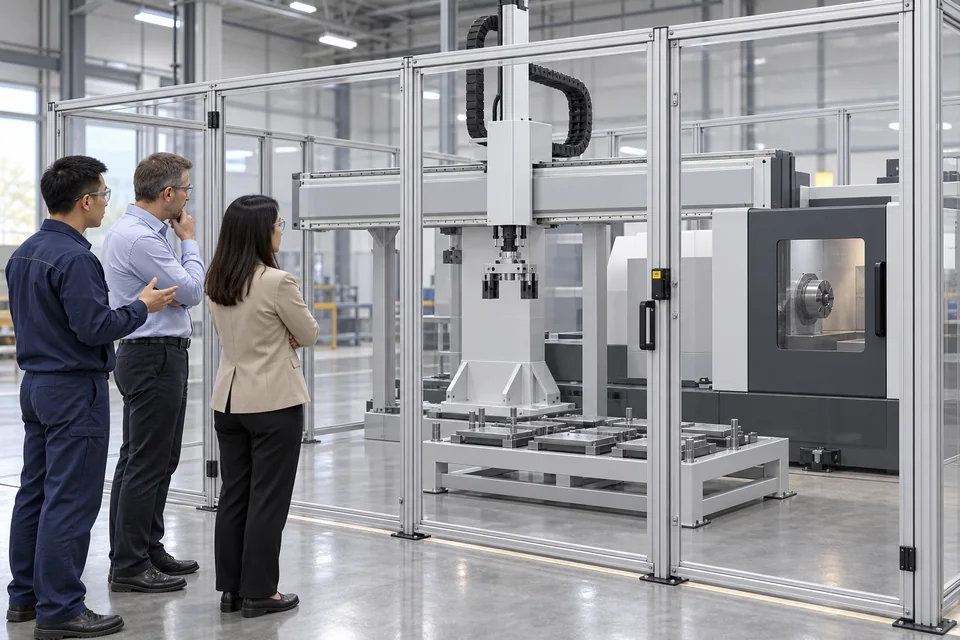 Application scenario illustration of generated adults discussing a visible base, staging, and closed CNC enclosure