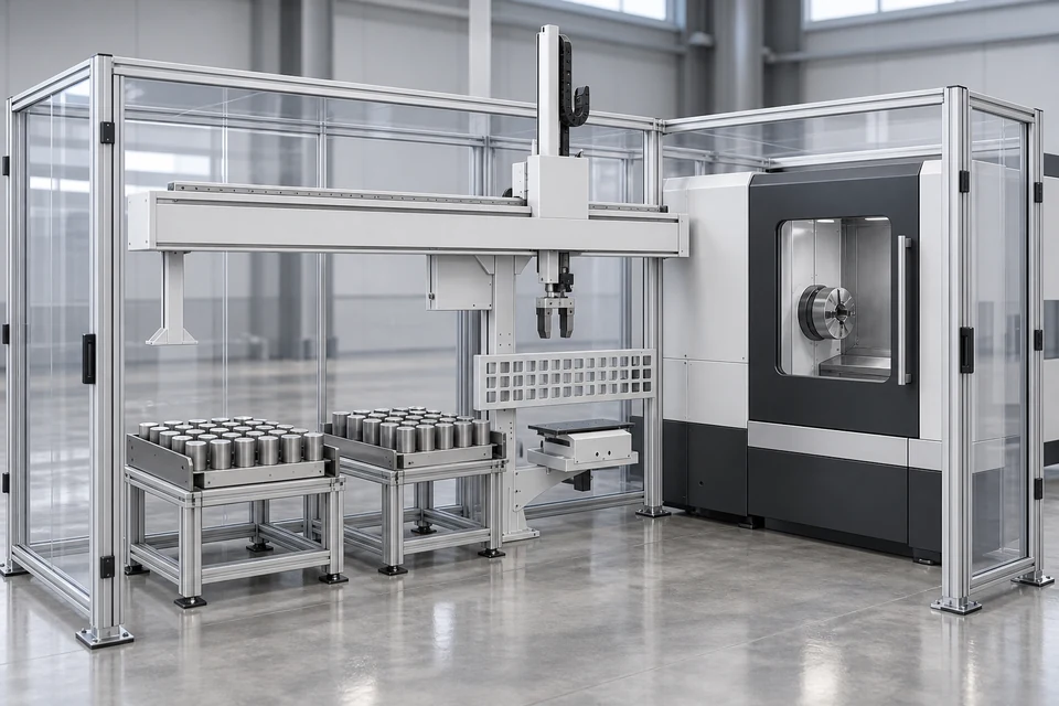 Application scenario illustration of stopped tooling, base, and supported staging beside a closed CNC