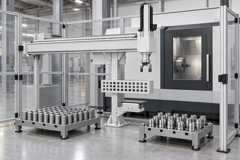 Minh họa bối cảnh ứng dụng về thiết bị dừng, vị trí phôi có đỡ và cửa CNC đóng
