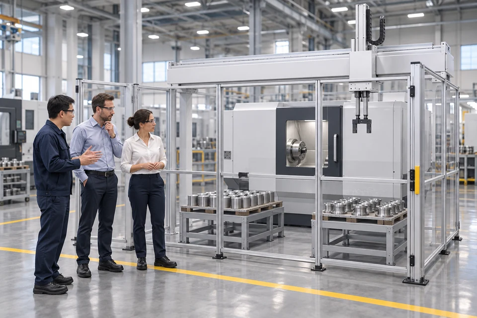 Minh họa bối cảnh ứng dụng về những người trưởng thành trao đổi bên ngoài cell CNC đang dừng