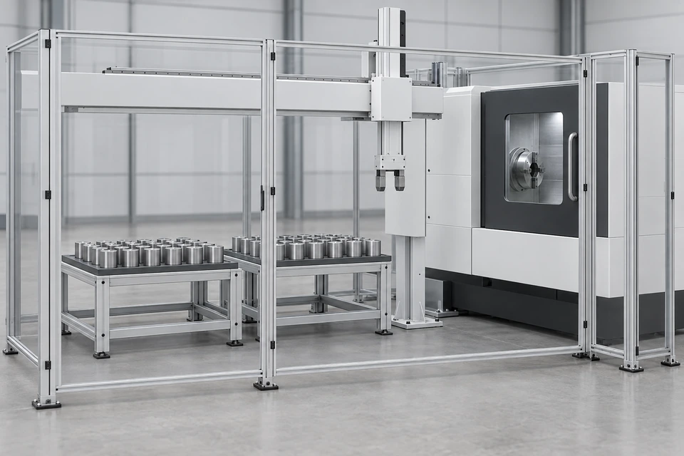关闭 CNC 门旁的停机上下料单元，底座、夹爪和受支撑料盘清晰可见；应用场景示意，不是某份报价的配置证明或工程图。