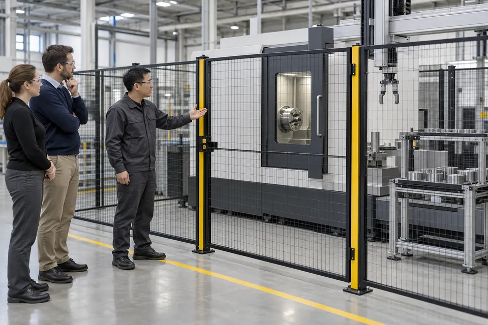Generated adults discuss the outside of a closed, stopped CNC and robot from beyond guarding; application scenario illustration, not maintenance work or evidence of retrofit suitability
