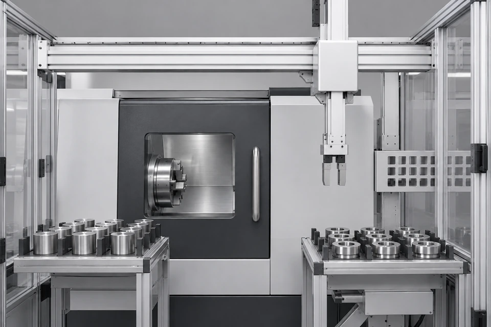 A stopped CNC tending arrangement with a closed door and supported staging; application scenario illustration, not proof of fit, compatibility, or validated installation