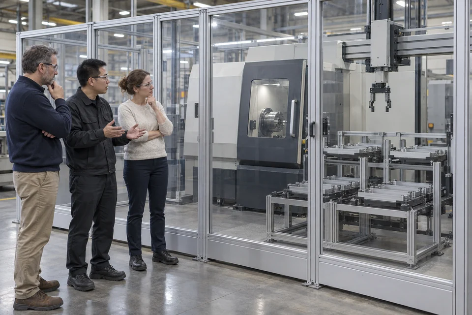Adults discuss a stopped guarded CNC and gantry-robot application from outside the protected area; application scenario illustration, not a real customer site or retrofit outcome