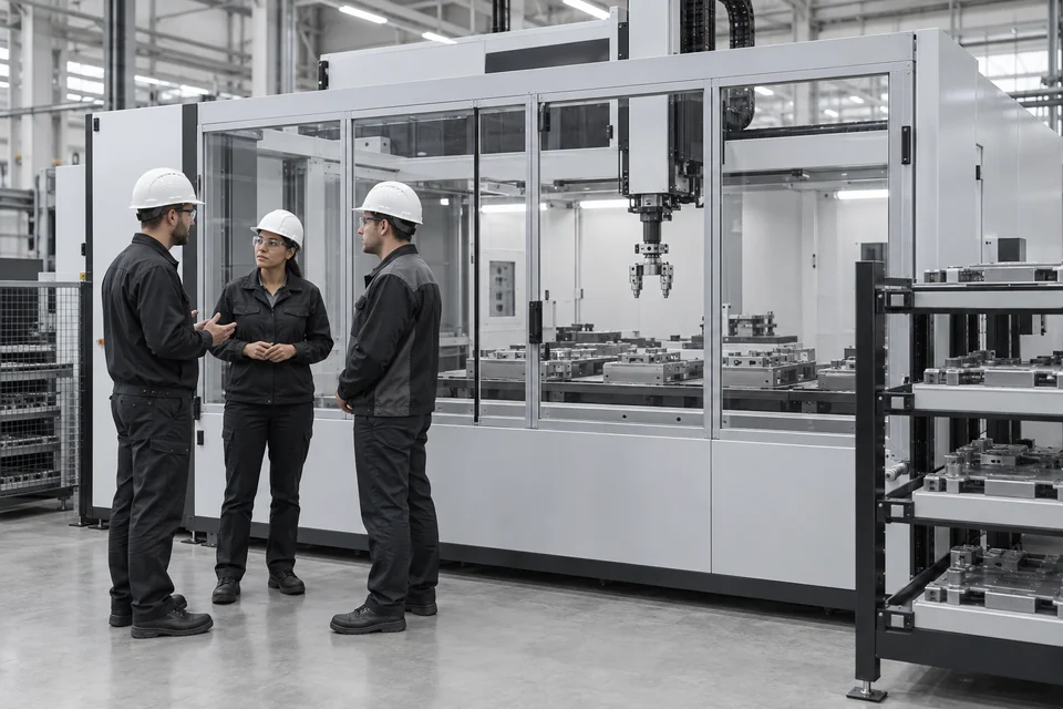 Nhóm người đứng ngoài vùng bảo vệ trao đổi về khay và vị trí thiết bị cạnh CNC cửa đóng; minh họa bối cảnh ứng dụng, không xác nhận cấu hình hoặc giao dịch thực tế