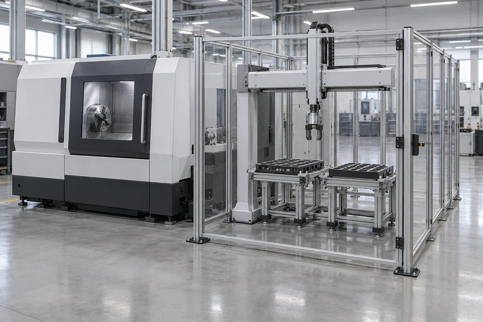 Chi tiết bố trí cơ khí của robot giàn, đế và khay cạnh CNC cửa đóng; minh họa bối cảnh ứng dụng, không phải bản vẽ kỹ thuật hay bằng chứng tích hợp