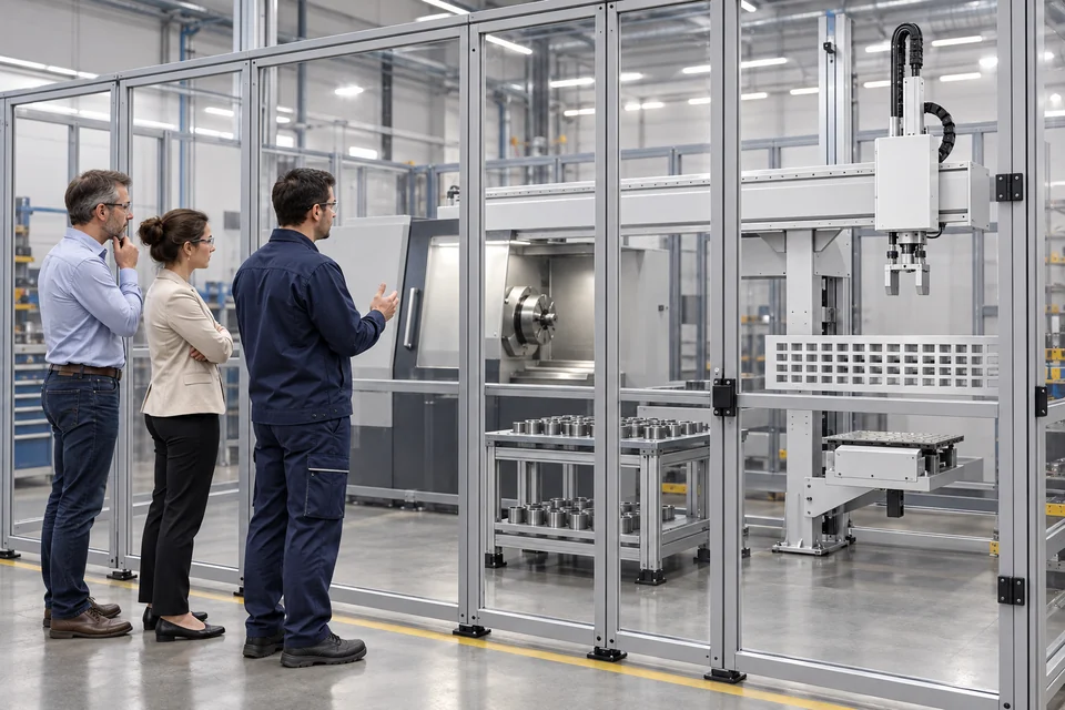 Người trưởng thành trao đổi ngoài vùng bảo vệ của CNC và robot giàn đang dừng, cửa máy đóng; minh họa bối cảnh ứng dụng, không phải hiện trường khách hàng hay bằng chứng tương thích