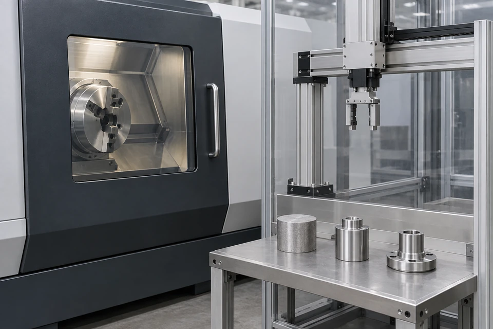 关闭 CNC 旁的料位展示受支撑的通用毛坯、成品与变化示意样件；应用场景示意，不对应真实材料、公差、已测变化或试验结果。