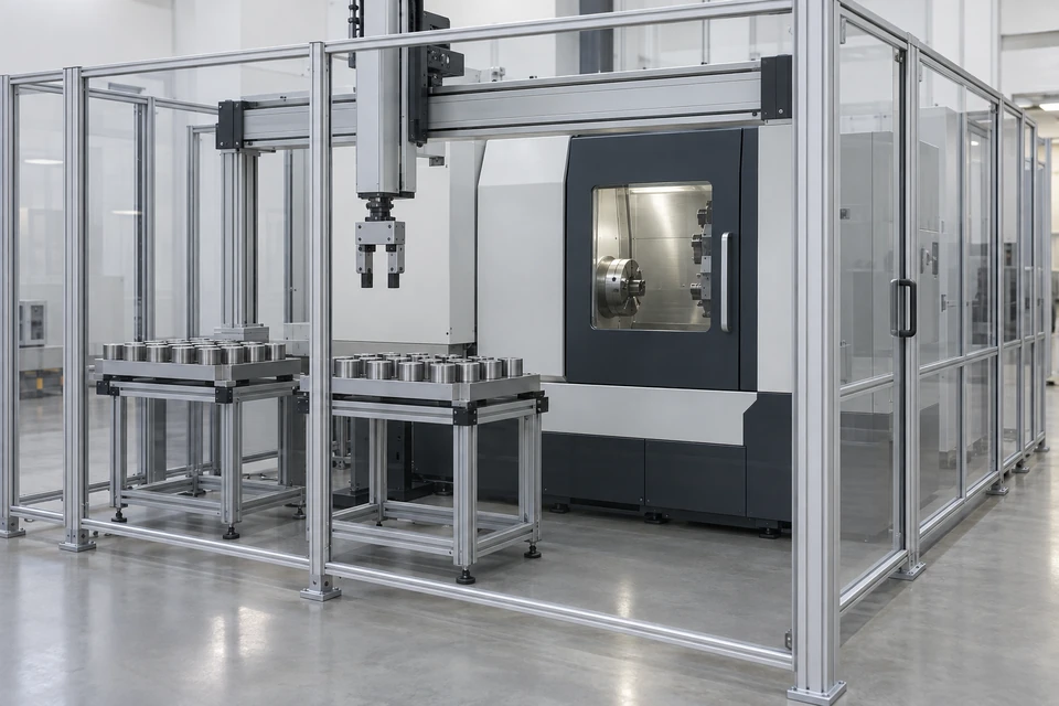 A stopped CNC robot cell with visible physical boundaries and supported parts; application scene visualization, not a wiring diagram, ownership label, or proof of safety or acceptance.
