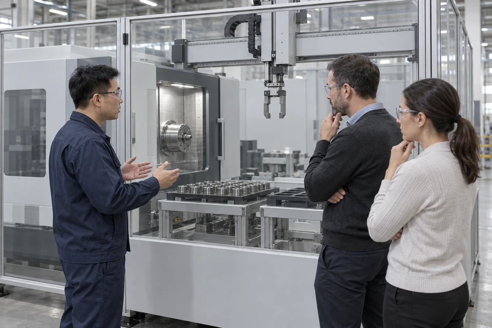 Generated adults discuss a stopped guarded CNC robot cell from outside the barrier; application scene visualization, not a real customer meeting, contractual assignment, or result.