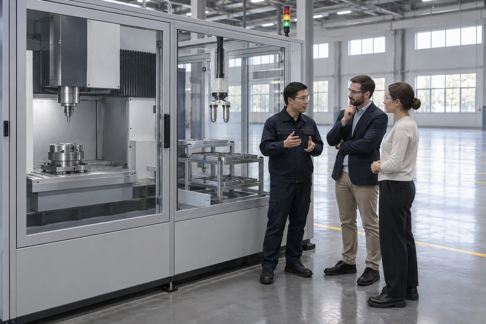Nhóm người trao đổi ngoài hàng rào về một cell CNC robot đang dừng và khu vực chưa lắp thiết bị; minh họa bối cảnh ứng dụng, không phải kế hoạch triển khai hay phê duyệt thật.