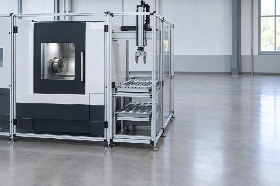 Một cell CNC robot dừng cạnh vùng sàn chưa lắp thiết bị; minh họa bối cảnh ứng dụng, không chứng minh nhân rộng, tương thích hoặc kết quả.