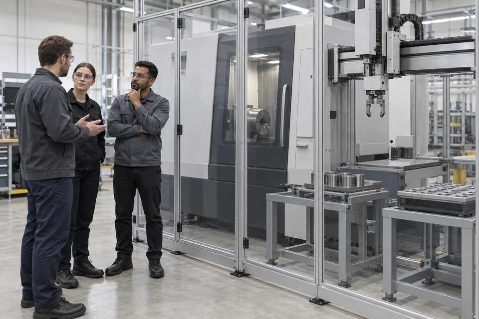 Người trưởng thành trao đổi ngoài vùng bảo vệ của một cell CNC robot đang dừng, cạnh khu vực sàn trống; minh họa bối cảnh ứng dụng, không phải khách hàng thật hay bằng chứng nhân rộng.