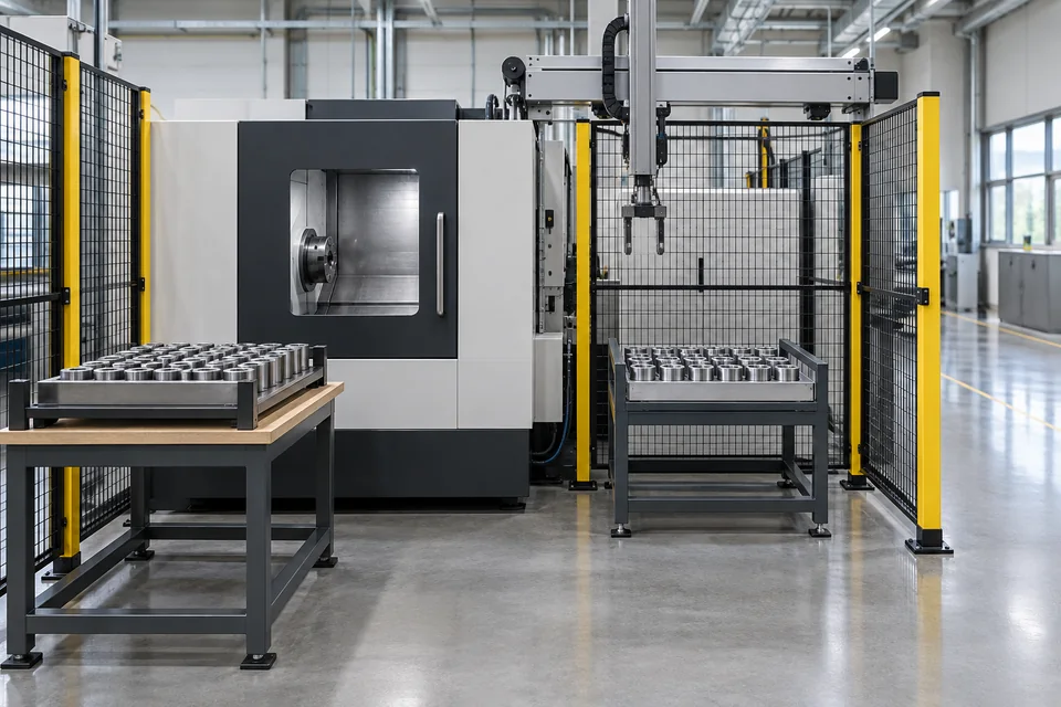 A stopped CNC tending area with material, inspection, and replenishment positions; application scene visualization, not an actual measured study or proof of labor savings.