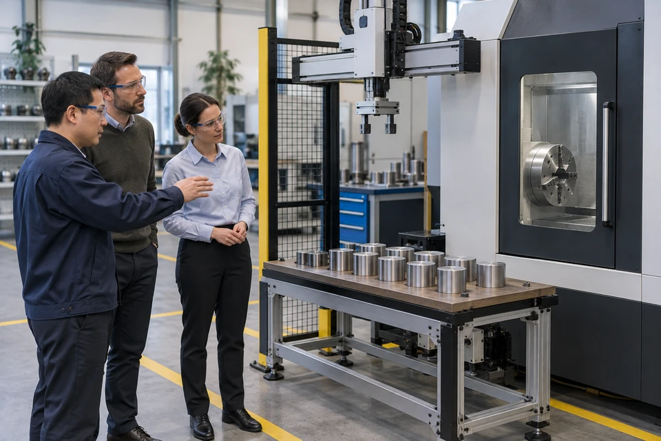 Generated adults discuss a stopped CNC tending arrangement from outside guarding; application scene visualization, not a real worker observation or completed automation improvement.