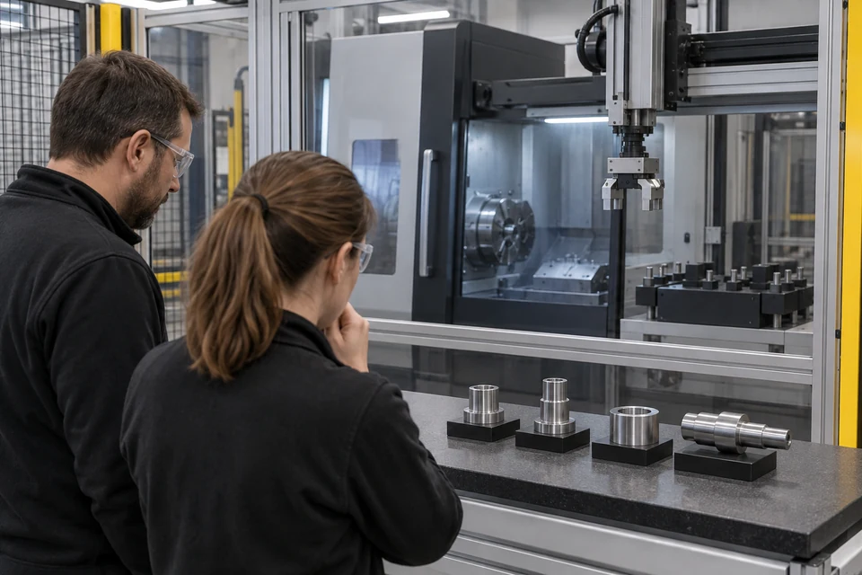 Nhóm người quan sát các mẫu tiện có khác biệt hình dạng và tiếp xúc bên ngoài hàng rào của CNC dừng; minh họa bối cảnh ứng dụng, không xác nhận giải pháp kẹp hay nhóm chi tiết thực tế.