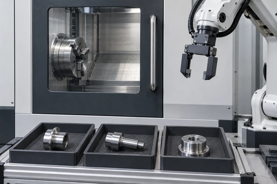Các mẫu tiện có khác biệt hình học được tách riêng trên khay có đỡ, cạnh CNC và kẹp dừng; minh họa bối cảnh ứng dụng, không phải bằng chứng các mẫu dùng chung.