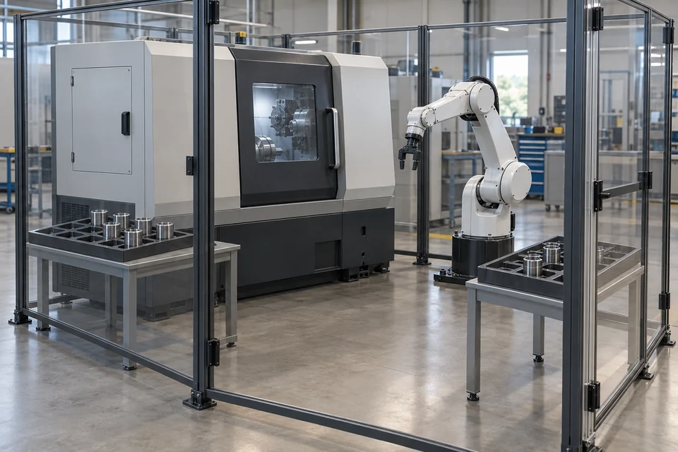 停机 CNC 单元的关闭机床门、空夹爪、受支撑料位和检查维护入口。