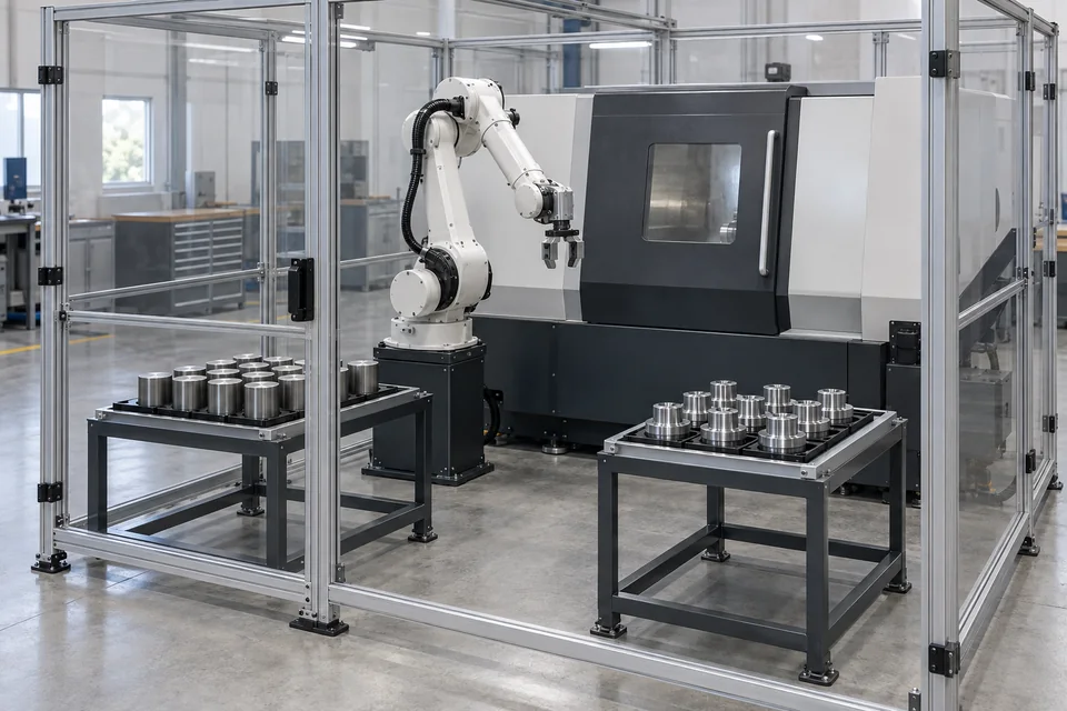停机 CNC 单元中可见完整机器人与夹爪、受支撑工件、分明料位、关闭的机床门及安全围护。