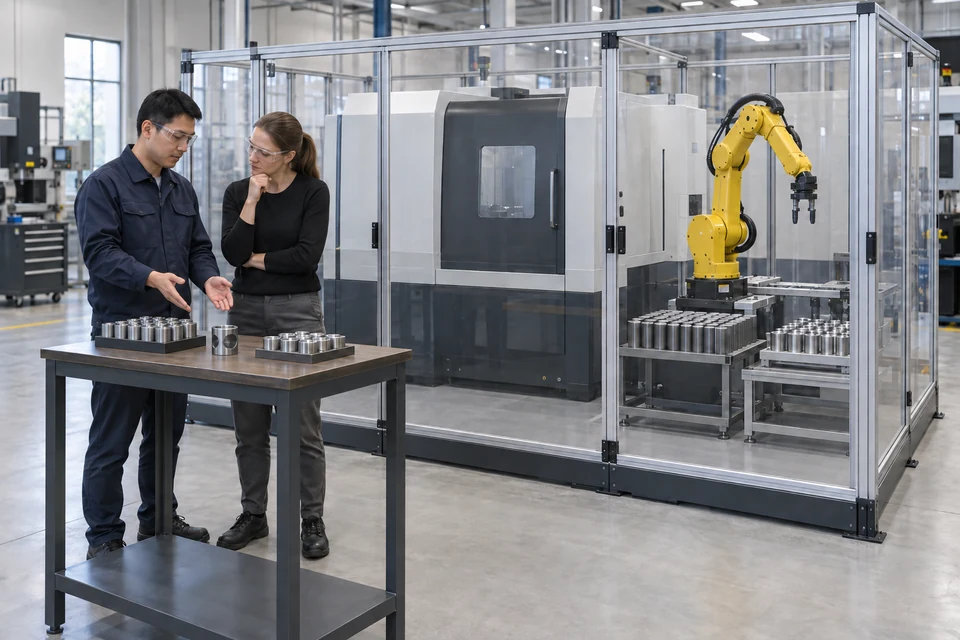 成年员工与访客在停机的 CNC 上下料单元围护外交流，旁边可见受支撑样件、机器人、料位及关闭的机床门。