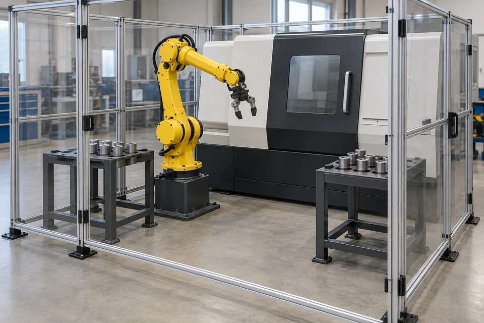 停机 CNC 单元中可见完整机械手与夹爪、受支撑工件、关闭的机床门、分开的料位和围护。
