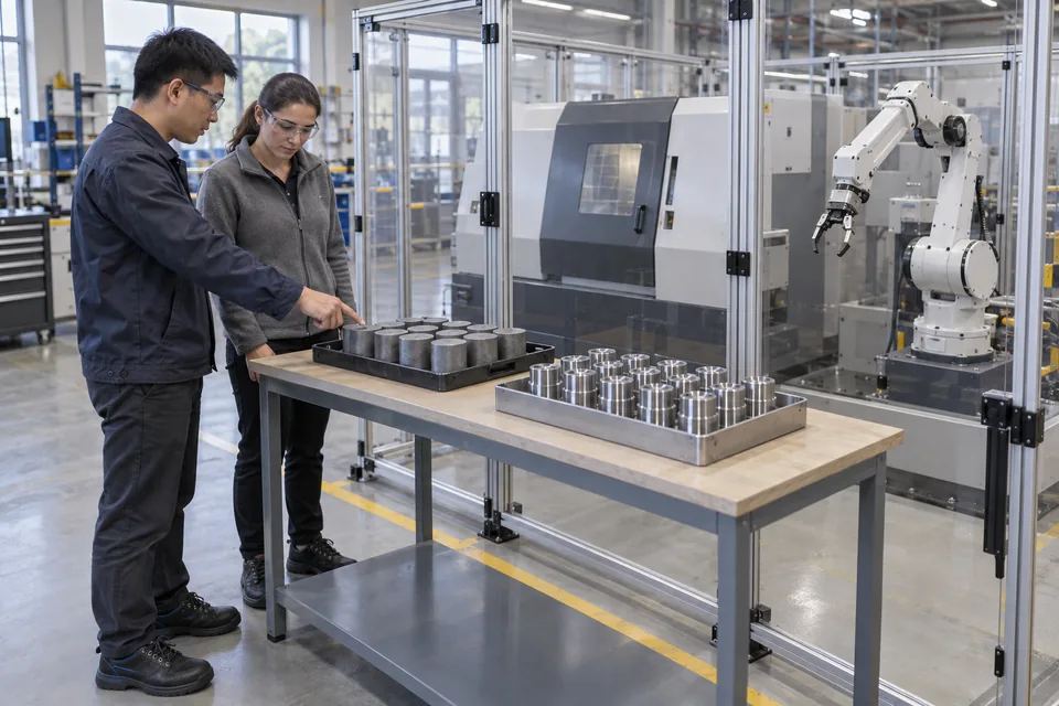 成年员工与访客在停机 CNC 单元围护外查看受支撑样件及料位，机床门保持关闭。