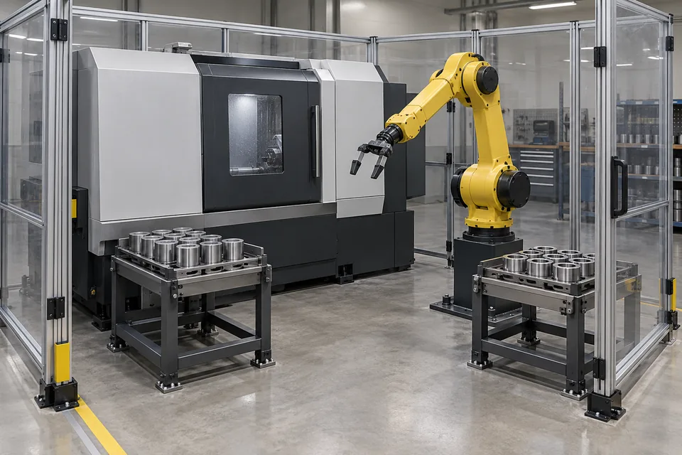 停机的 CNC 上下料单元中，受支撑毛坯、成品料位、完整夹爪、关闭的机床门与围护同框。