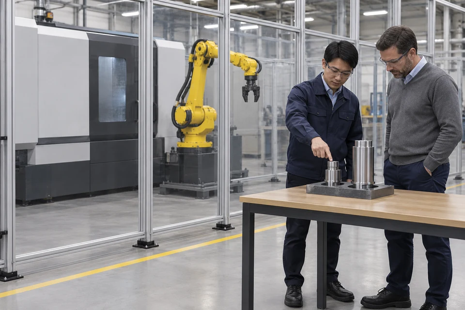 应用场景示意：非特定成年人在停机 CNC 单元外讨论工件抓取、定位和供料差异。