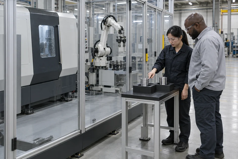 员工与访客在停机 CNC 单元外查看受支撑的工件样件。