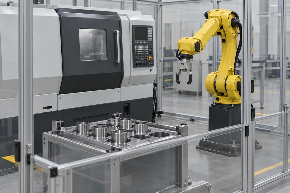 CNC 上下料单元的机械臂夹爪、工件料位和关闭的机床门细节。