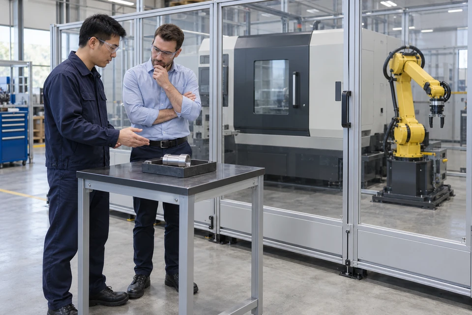 员工与访客在关闭防护的 CNC 自动上下料单元外讨论工件和设备条件。