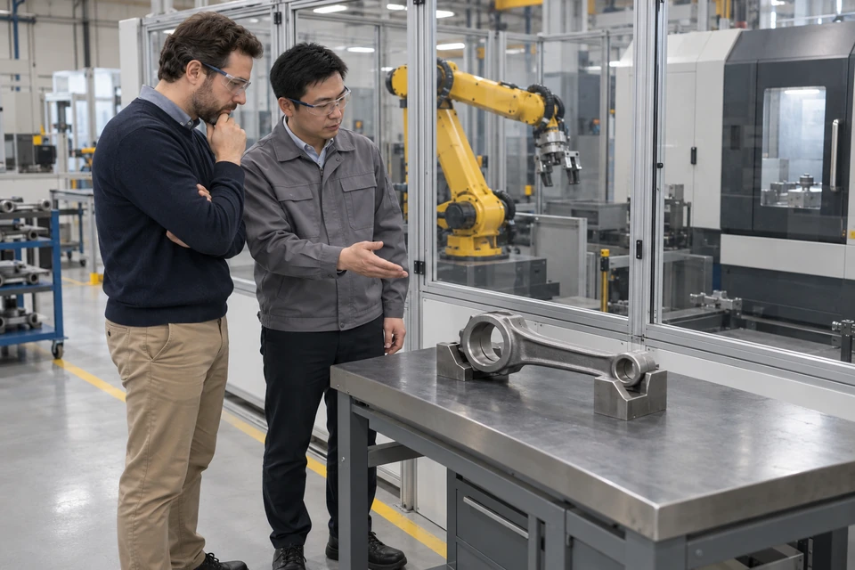 员工与访客在关闭的 CNC 单元外查看受支撑锻件样件来料状态的应用场景示意