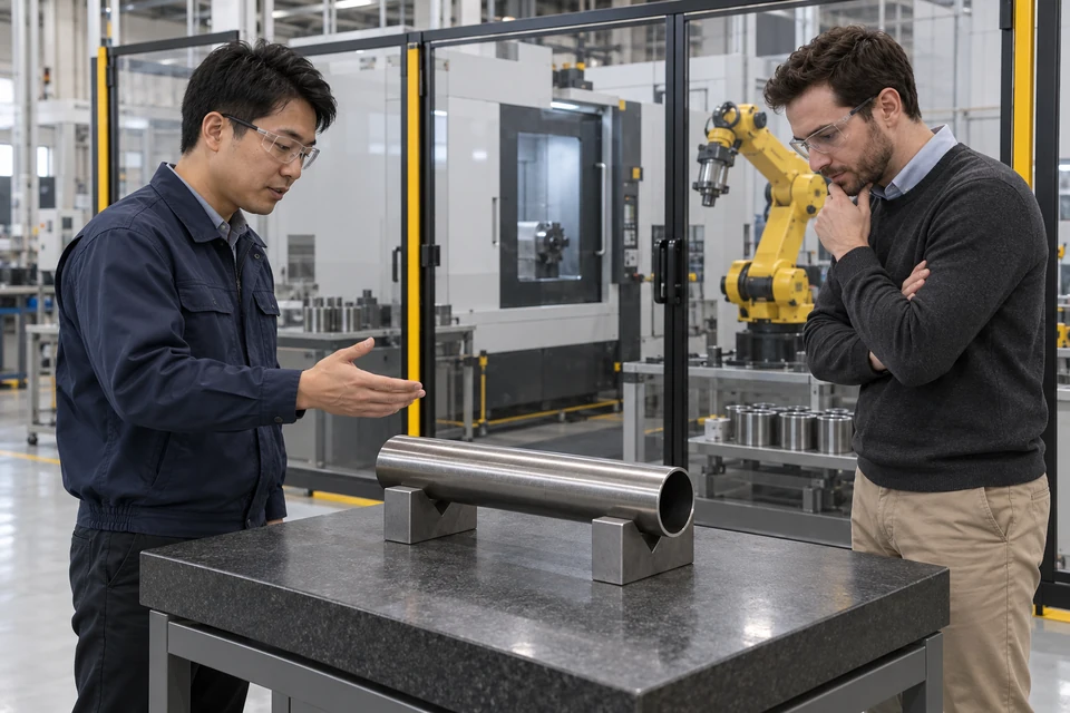 员工与访客在关闭的 CNC 单元外查看受支撑管件开口朝向的应用场景示意